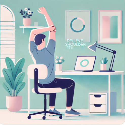 어깨 결림 완화를 위해 책상에 앉아 스트레칭 하는 모습