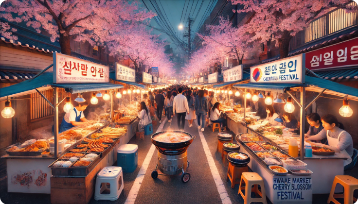 화개장터 벚꽃 축제의 활기찬 길거리 음식 풍경, 벚꽃이 만개한 거리에서 한국식 전, 해산물 구이, 떡 등을 즐기는 사람들