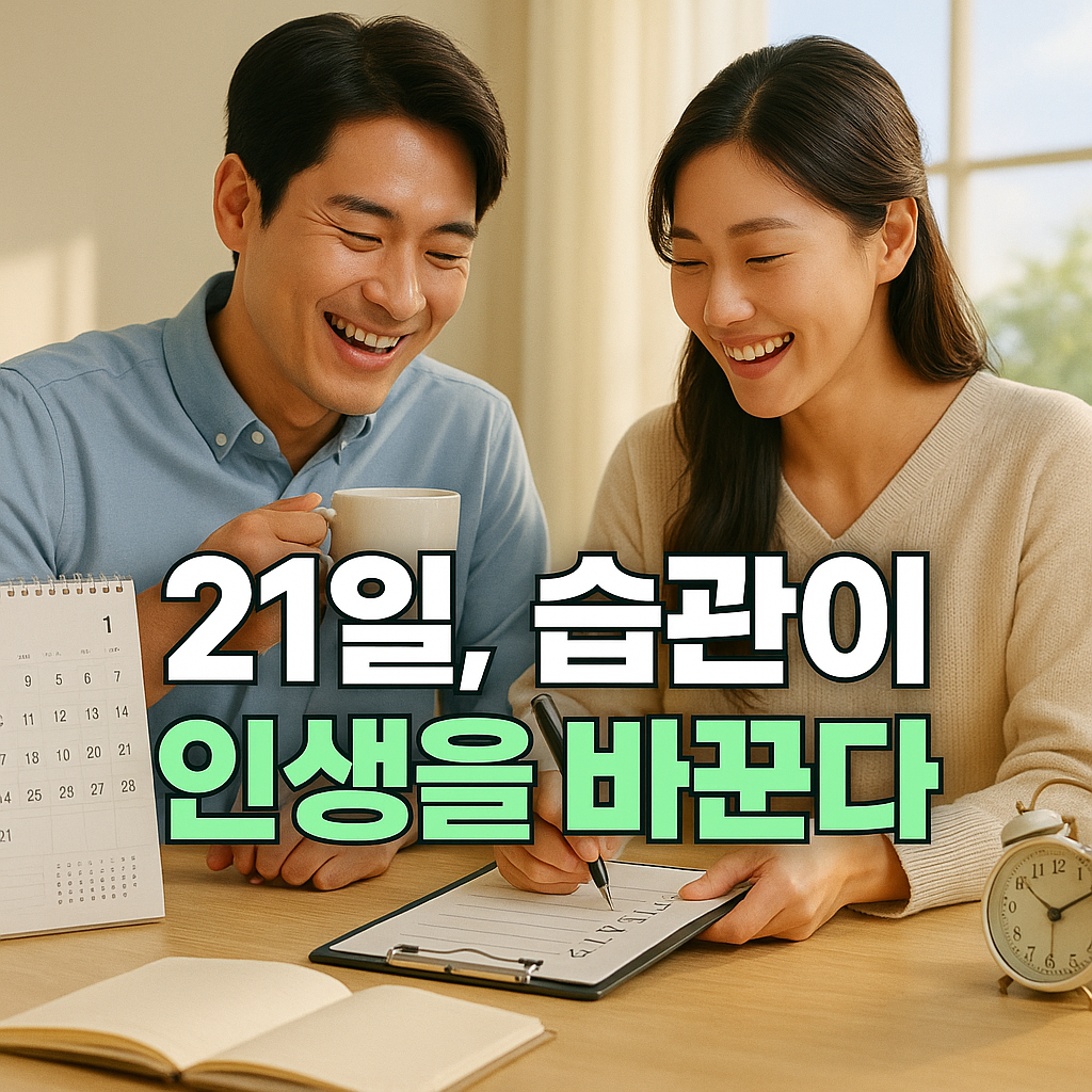 밝은 아침 햇살 아래에서 달력의 21일을 체크하며 웃는 커플