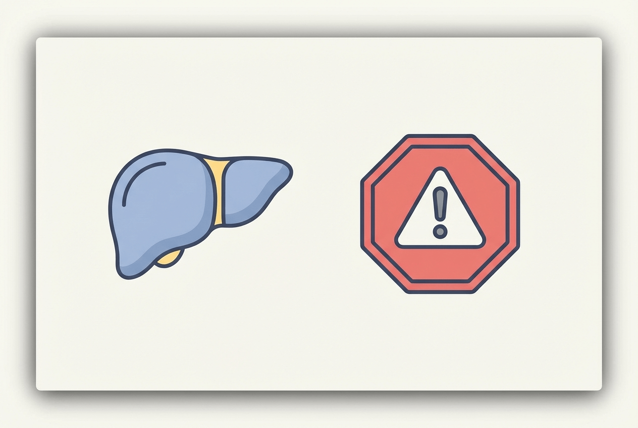 간 건강 경고를 상징하는 간 아이콘과 주의 표시가 있는 심플한 일러스트로 아슈와간다 부작용 중단 신호를 떠올리게 한다
