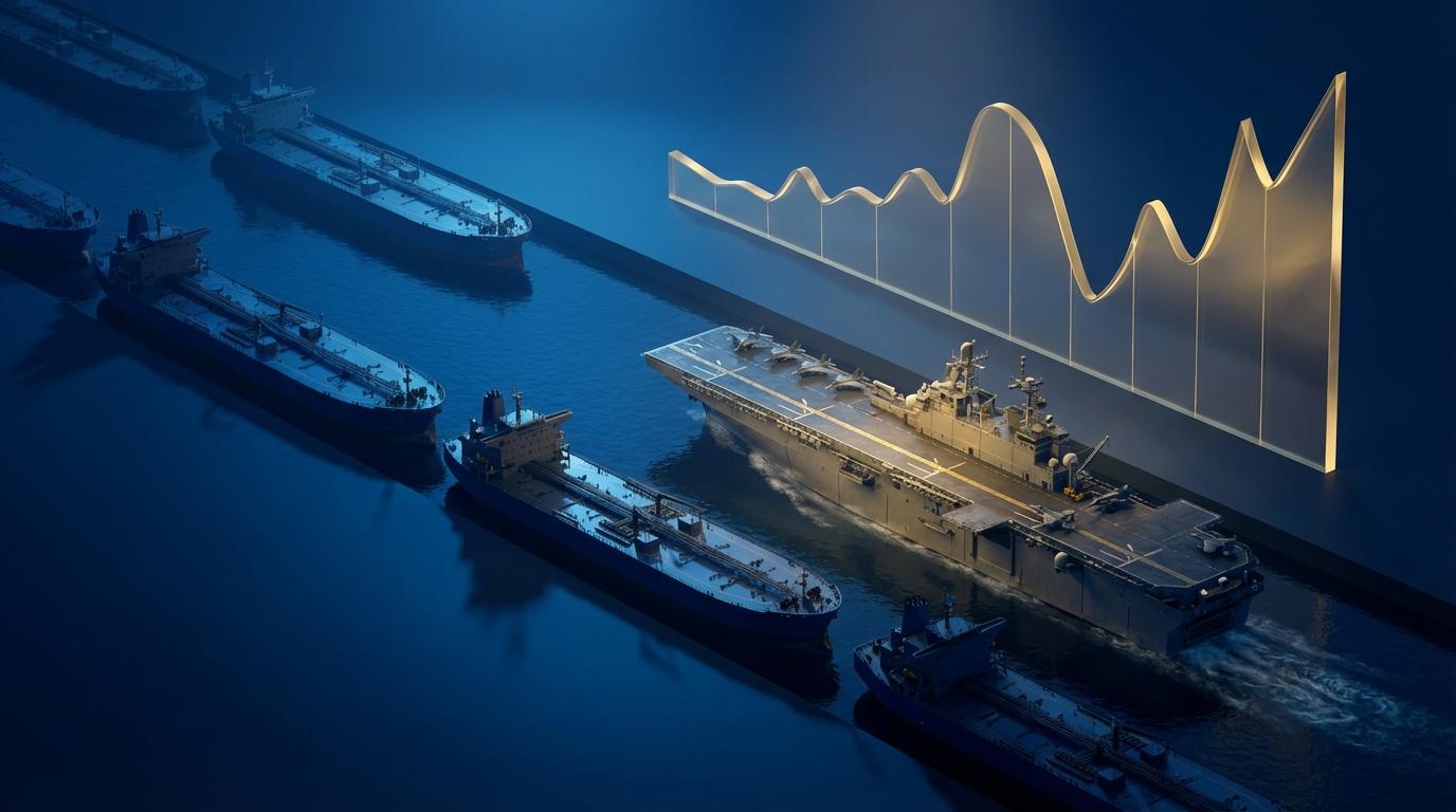 호르무즈 해협 봉쇄와 미 해병대 파병을 나타내는 지경학적 위기 인포그래픽 (Geopolitical crisis infographic showing Hormuz blockade and US Marine deployment)