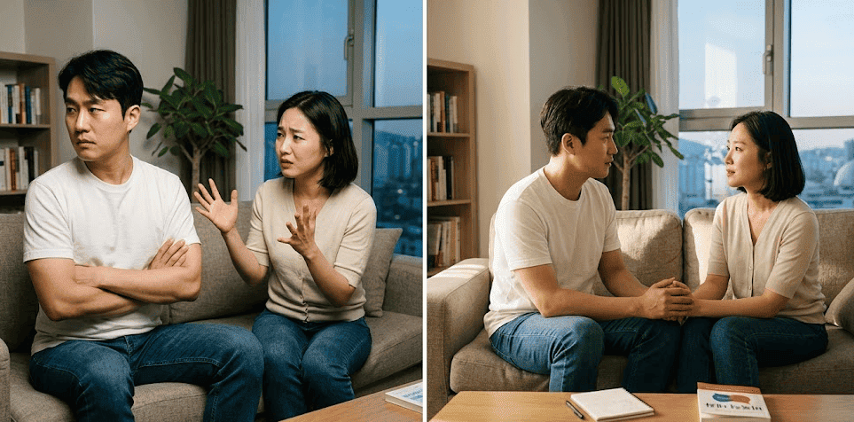 서로 등을 돌리고 갈등하는 부부의 모습(왼쪽)과 마주 앉아 손을 잡고 진심 어린 대화를 나누는 모습(오른쪽)의 대비