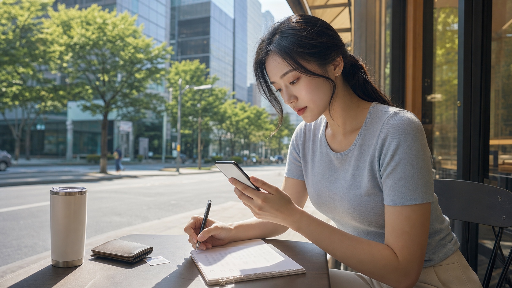 청년미래적금 계좌개설 전 스마트폰과 체크리스트를 확인하는 성인 한국인 여성