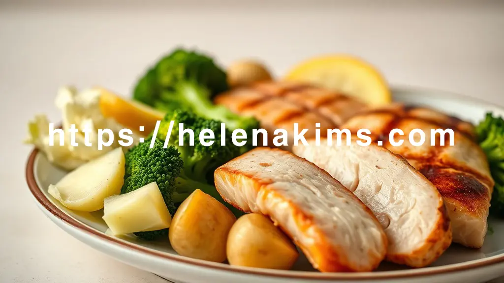 깨끗하고 부드러운 톤의 배경 위, 정갈하게 플레이팅된 위에 좋은 음식들, 신선한 양배추 조각, 부드러운 찐 감자 슬라이스, 싱그러운 브로콜리 송이, 촉촉하게 구운 연어 필레, 그리고 삶은 닭가슴살 한 조각이 조화롭게 놓여있다.