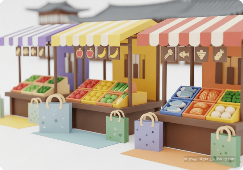 전통시장 상인과 쇼핑백, 신선한 농산물이 표현된 3D 미니멀 일러스트로 지역화폐 사용처를 나타냄