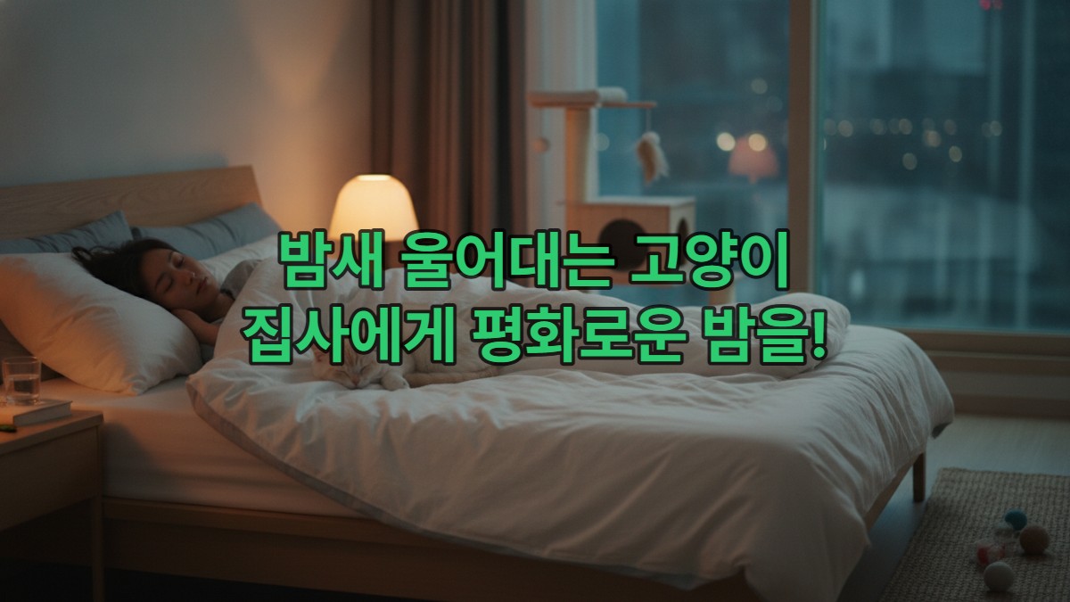 아늑한 침대에서 평화롭게 잠든 고양이와 보호자, 차분한 블루-그레이 톤의 침실 풍경