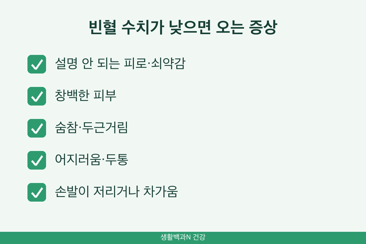 빈혈 수치가 낮으면 증상 피로 창백 숨참 두근거림 어지러움 손발 저림