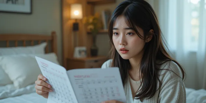 침대 위에서 생리 늦어질때 걱정하며 달력을 확인하는 장면