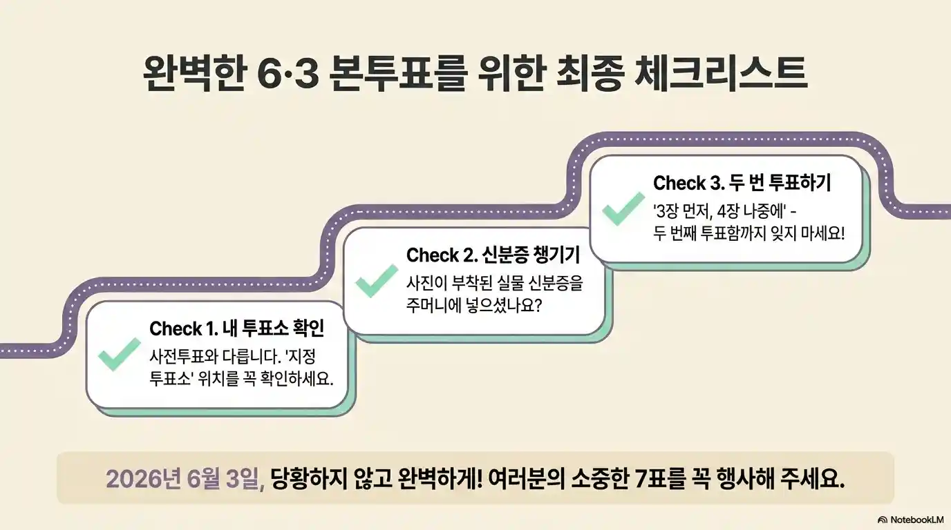 완벽한 6·3 본투표를 위한 최종 체크리스트 - Check1 지정 투표소 위치 확인, Check2 사진 부착 실물 신분증 지참, Check3 3장 먼저·4장 나중에 두 번 투표하기