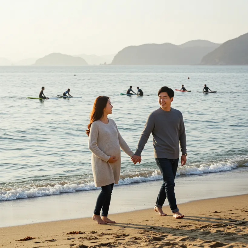 바닷가를 산책하는 예비부모 가진