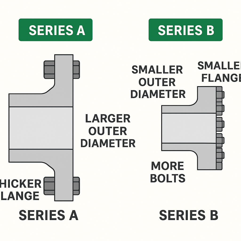 Cross-sectional comparison of ASME B16.47 Series A and B flanges showing differences in flange diameter, thickness, and bolt configuration
