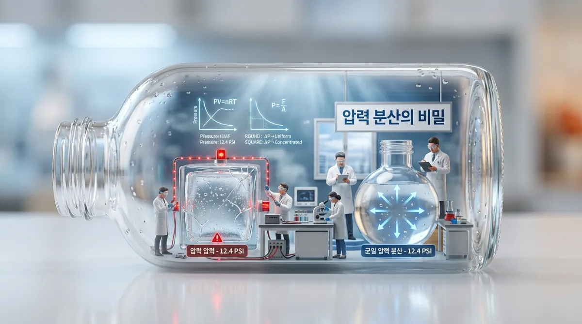 투명한 유리병 속 미니어처 물리학 실험실, 모서리가 부풀어 오른 사각형 용기와 압력을 균등하게 분산하는 원형 병 비교 실험 디오라마