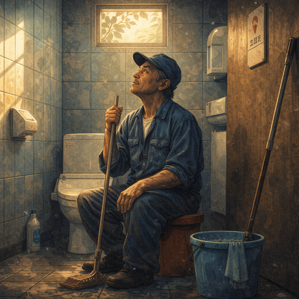 퍼펙트데이즈 일러스트 이미지 청소부가 화장실에서 일하다 쉬는 장면