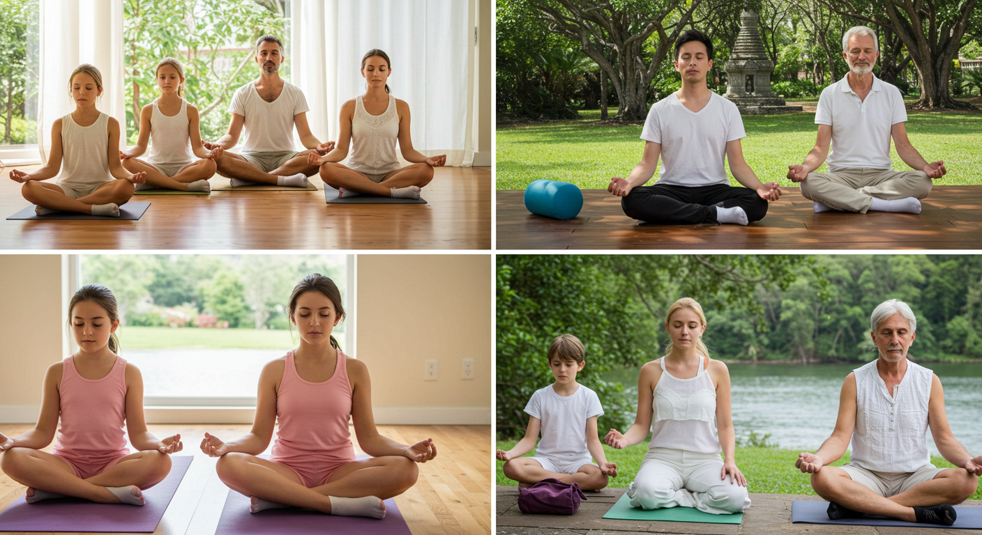 평화로운 명상 공간 또는 명상하는 다양한 연령대 사람들
