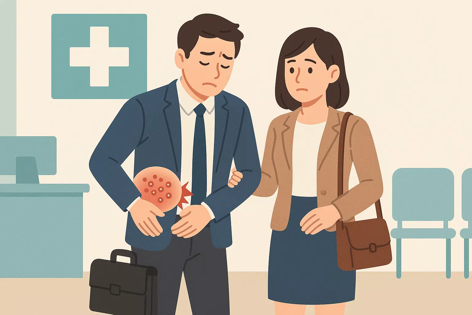 20~30대 젊은 직장인 남녀가 병원을 찾는 장면, 옆구리에 작은 수포와 통증 표시