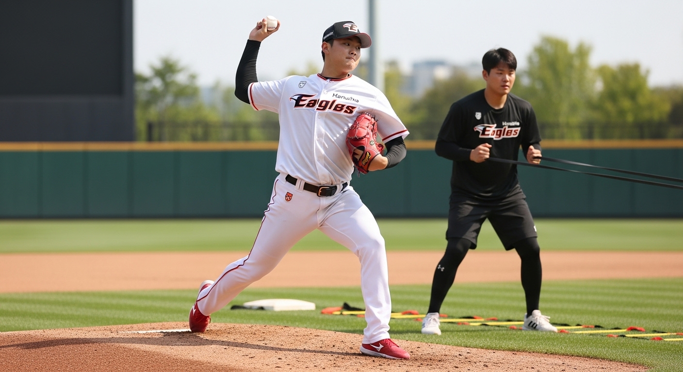 한화 이글스 젊은 투수들이 훈련에 집중하는 모습.