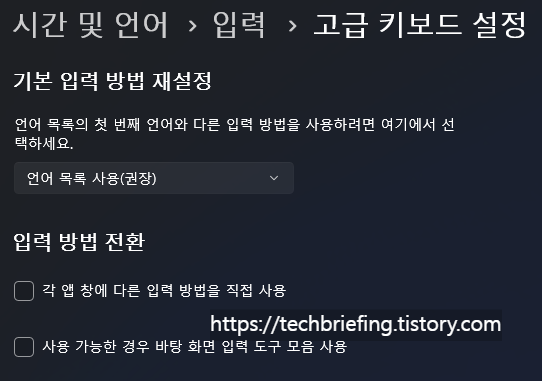이미지 2. '고급 키보드 설정' 점검