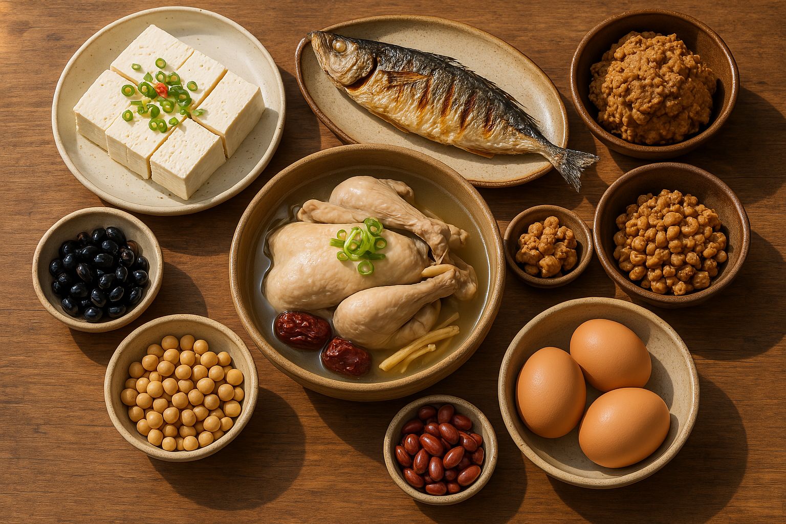 한국 전통 단백질이 풍부한 음식들이 나무 식탁 위에 정갈하게 차려져 있는 모습. 두부, 생선구이, 계란, 찜닭, 콩류, 청국장 등 다양한 단백질 식품이 보인다.