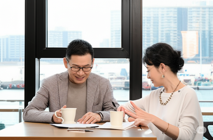 부산의 카페에서 차를 마시며 은퇴 후 궁금한 점들을 서로 이야기하는 중년 부부, 편안하고 솔직한 소통