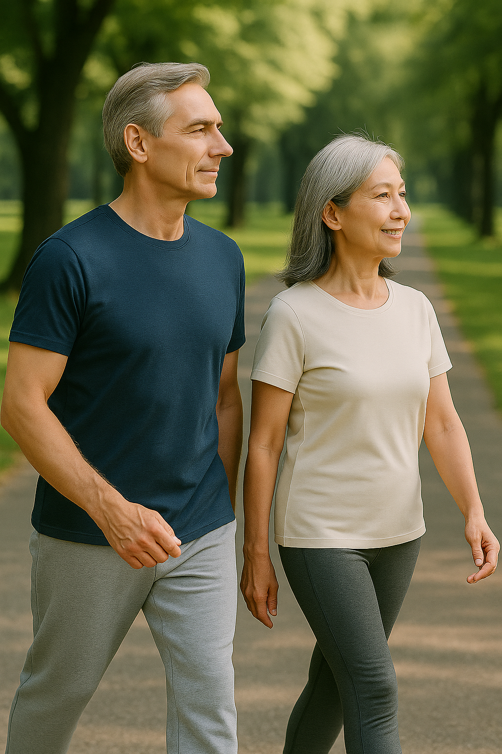 60대 부부가 공원에서 나란히 걷는 모습