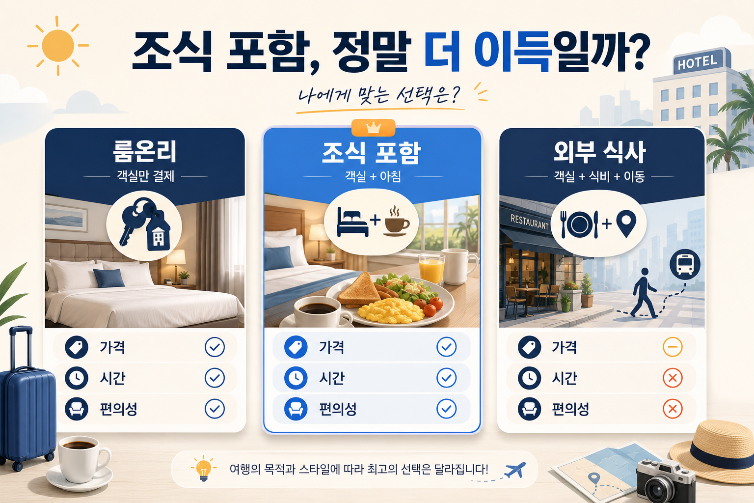 조식 포함 가성비 호텔에서 룸온리 조식 포함 외부 아침 식사를 비교한 이미지