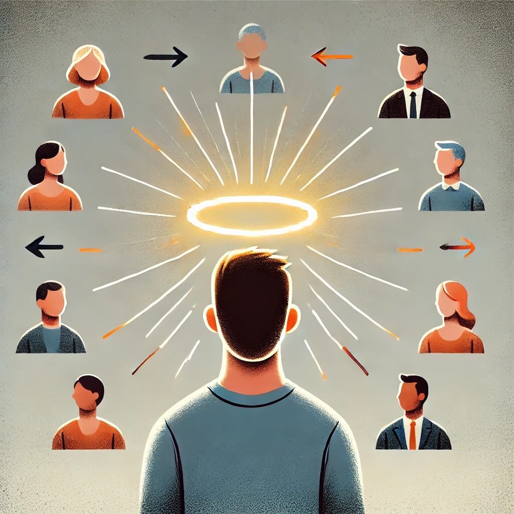 빛나는 후광으로 둘러싸인 사람을 통한 후광 효과의 개념 묘사