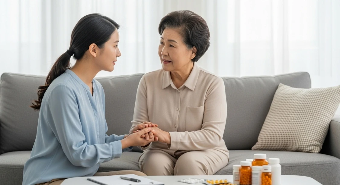 노년층 약물 안전 복용에 대해 대화하는 한국인 모녀. 딸이 어머니의 손을 잡고 위로하고 있다.