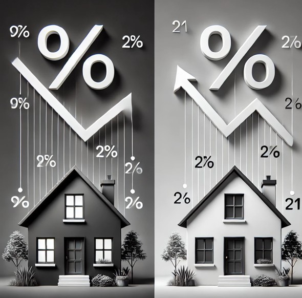 왼쪽은 흑색 집이 그려져있고 금리가 상승하는 모양의 화살표와 퍼센트 기호, 오른쪽은 흰색 집이 그려져있고 금리가 하락하는 화살표와 퍼센트 기호가 있는 그림입니다.
