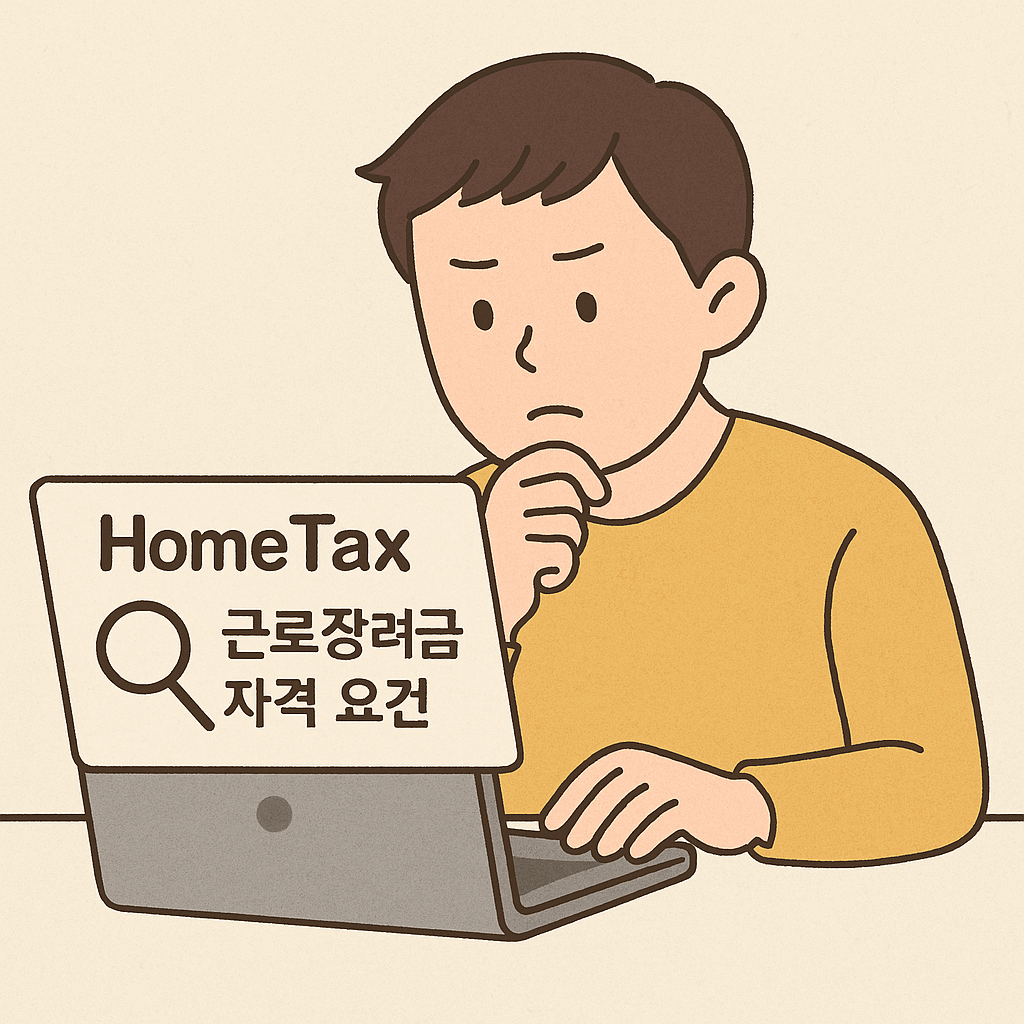 퇴사 후 근로장려금을 수급하기 위해 홈택스에서 자격요건을 찾아보고 있는 구직자를 시각적으로 표현한 이미지