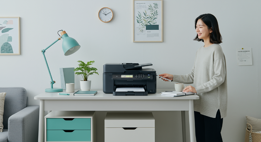 2025년 가정용 프린터 선택을 돕는 레이저, 잉크젯, 무한잉크 프린터의 비교 분석 이미지를 보여주는 모던한 사무실 풍경.
