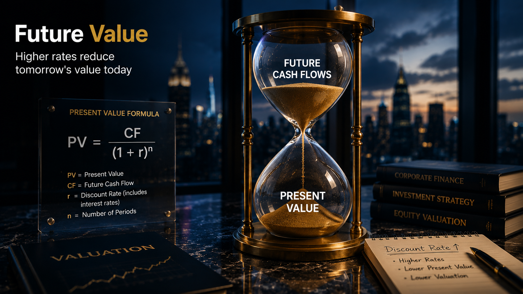 Future value and discount rate concept illustrating how rising interest rates lower the present value of future earnings.