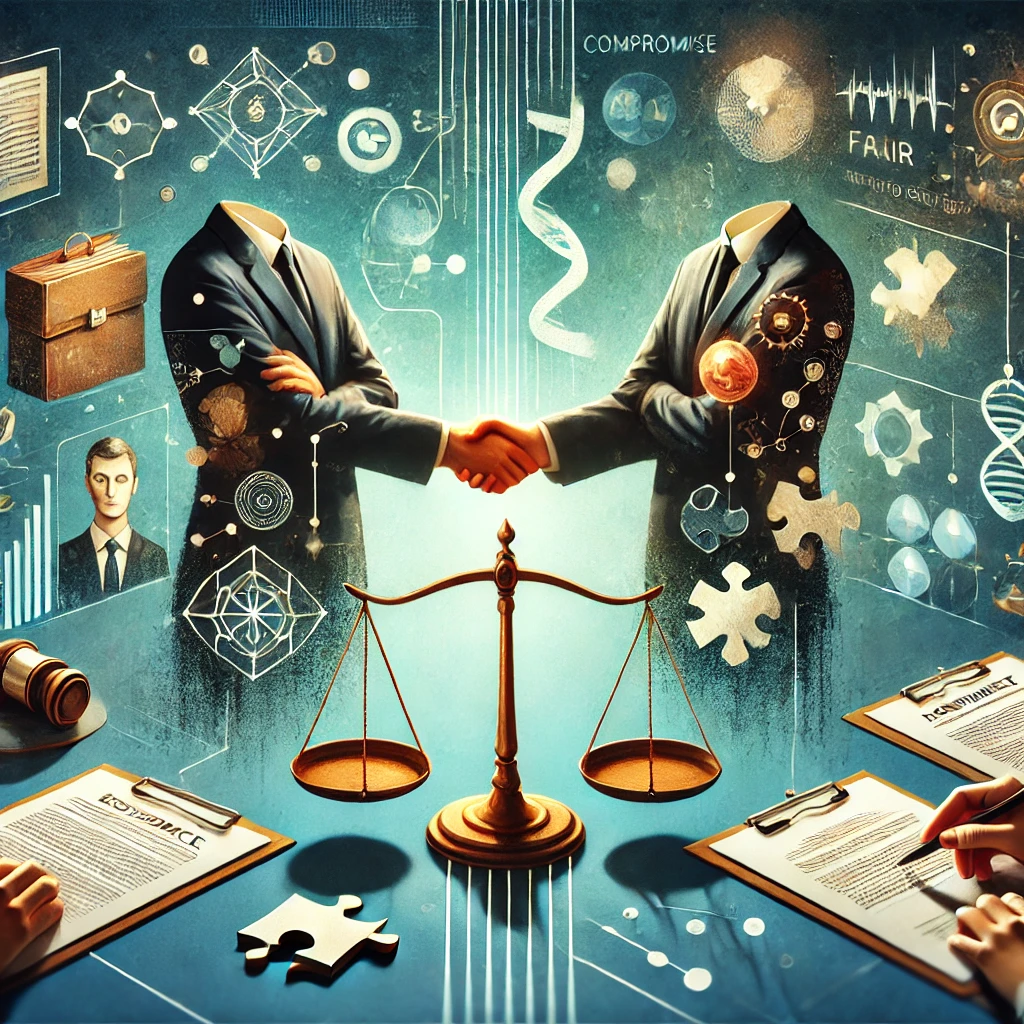 협상의 법칙 책 표지와 원칙적 협상을 상징하는 악수 또는 중재 장면