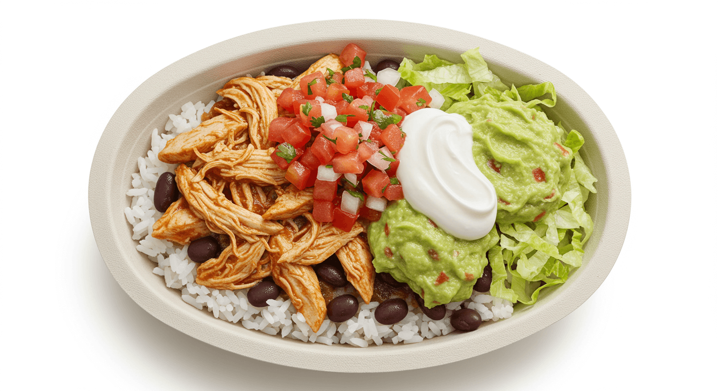 밥 위에 치킨&amp;#44; 채소&amp;#44; 과카몰리가 얹힌 치폴레 볼을 위에서 본 장면 3