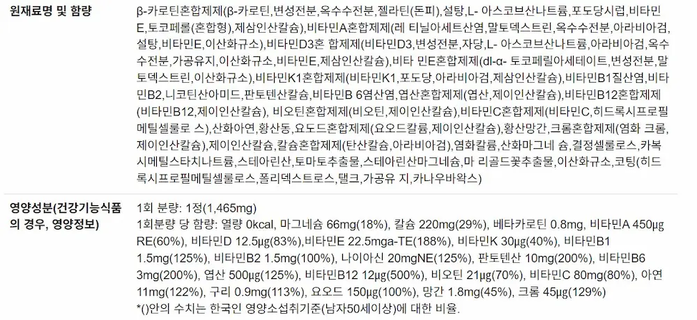 커클랜드 실버 멀티비타민 성분표 이미지