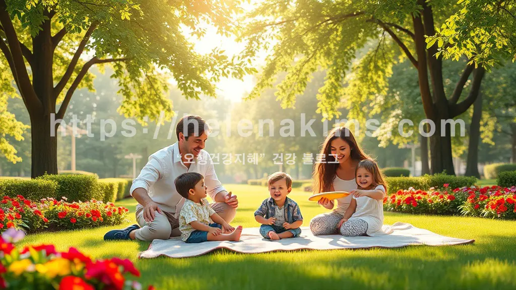 공원에서 즐거운 한 때를 보내고 있는 가족들