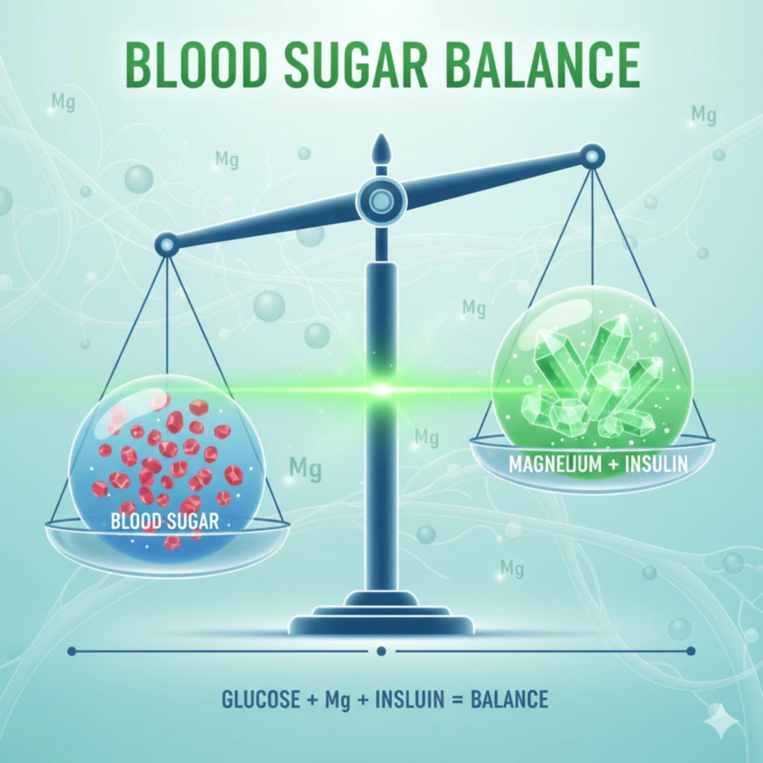 혈관 내에서 포도당 입자와 인슐린&amp;#44; 그리고 마그네슘이 균형을 이루며 작동하는 모습을 추상적으로 표현합니다. 수평을 유지하는 저울의 한쪽에 혈당 수치를&amp;#44; 다른 한쪽에 마그네슘이 올려져 균형을 잡는 듯한 시각적 비유를 사용할 수 있습니다. 밝고 청량한 녹색과 파란색 계열로 건강하고 균형 잡힌 상태를 강조합니다. 