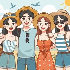 남자-한명과-세명의-여자들이-모자를-쓰고-어깨동무하며-환하게-웃고있는-모습