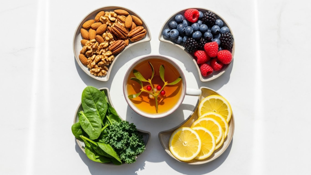 겨우살이 차와 다양한 건강 식재료를 함께 담은 마무리 이미지