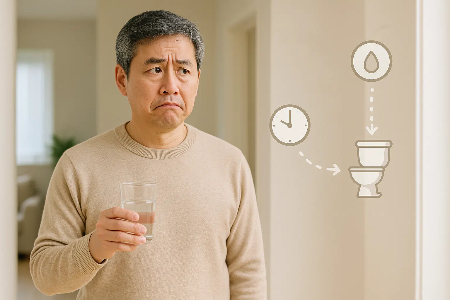 물컵을 들고 있는 중년 남성, 표정은 의아하거나 고민하는 모습, 옆에는 시계와 화장실 아이콘, 물 섭취량이 많지 않아도 잦은 배뇨를 표현