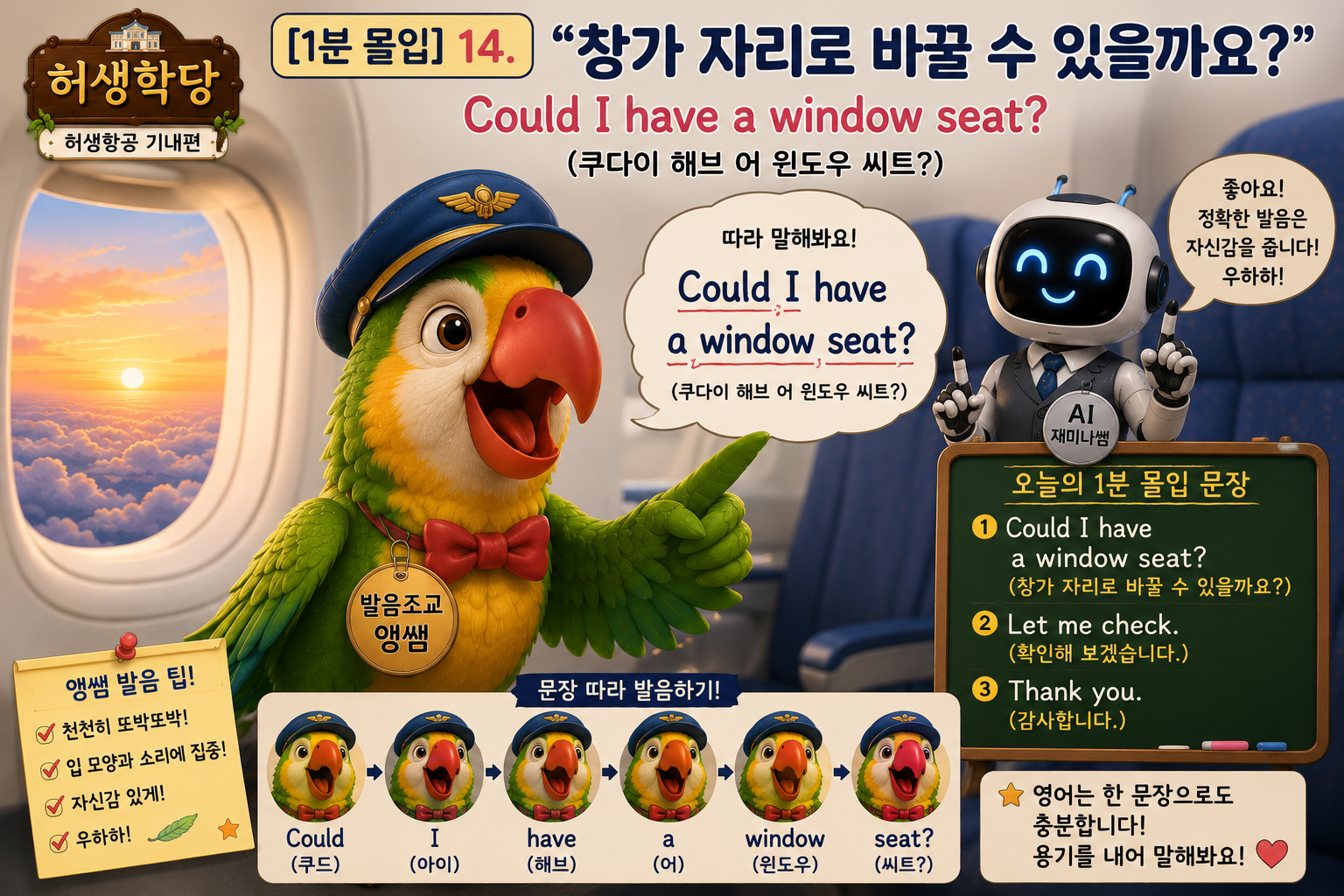 허생학당 공식 발음조교 앵쌤이 비행기 기내에서 영어 문장 "Could I have a window seat?"를 가르치며 학우들의 따라 말하기를 응원하는 모습
