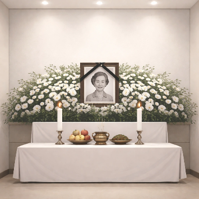 할머니 영정사진이 놓인 한국 장례식장 제단과 국화 화단, 조용하고 엄숙한 분위기의 빈소 내부