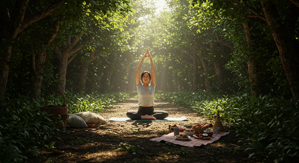 제주 비밀 숲에서 요가하며 피크닉 즐기는 한국 여성