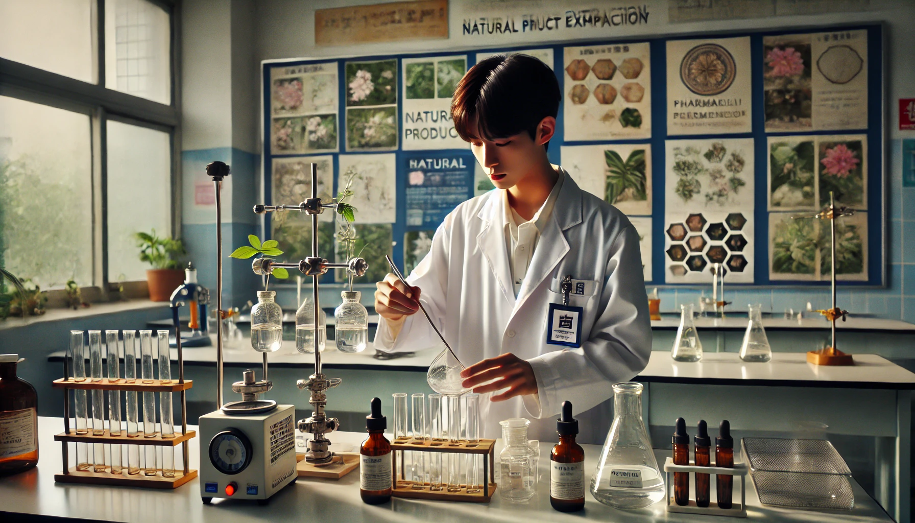 천연물 추출 실험 중인 고등학생의 몰입된 모습