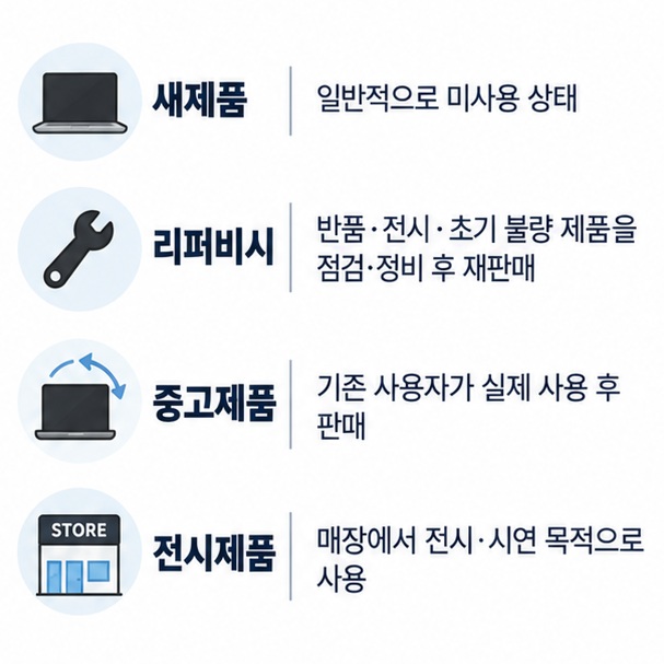 새제품 리퍼비시 중고제품 전시제품의 특징 차이를 비교한 표