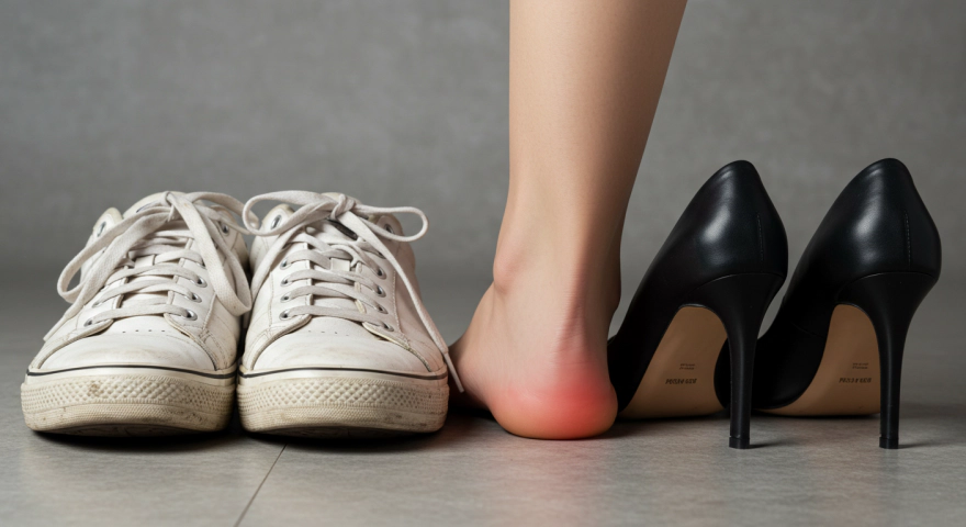 낡은 운동화와 하이힐 신발로 인한 발뒤꿈치 통증 이미지