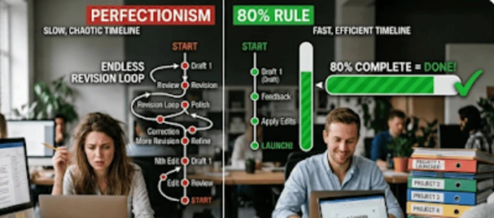 완벽주의로 인한 끝없는 수정 루프와 80% 룰을 통한 빠른 실행 타임라인을 비교한 인포그래픽 이미지