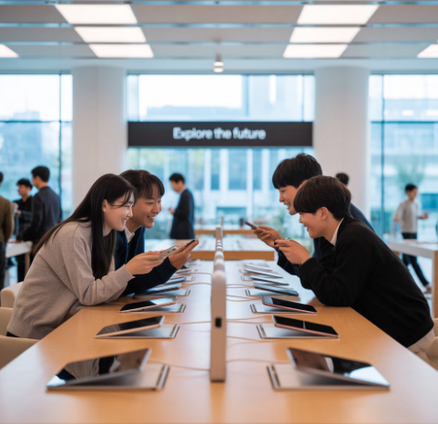 애플 스토어 오프라인 방문해서 제품 체크하는 사람들 이미지