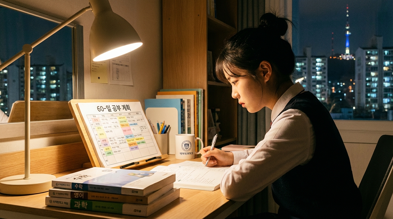 6월 모의평가 역전을 위해 플래너를 작성하며 밤늦게까지 공부에 몰입하고 있는 한국 수험생의 모습