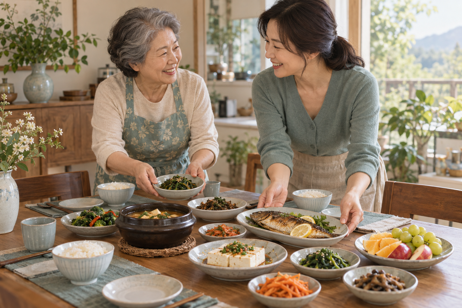 가족이 생선 두부 채소 과일을 곁들인 식사를 준비하는 모습