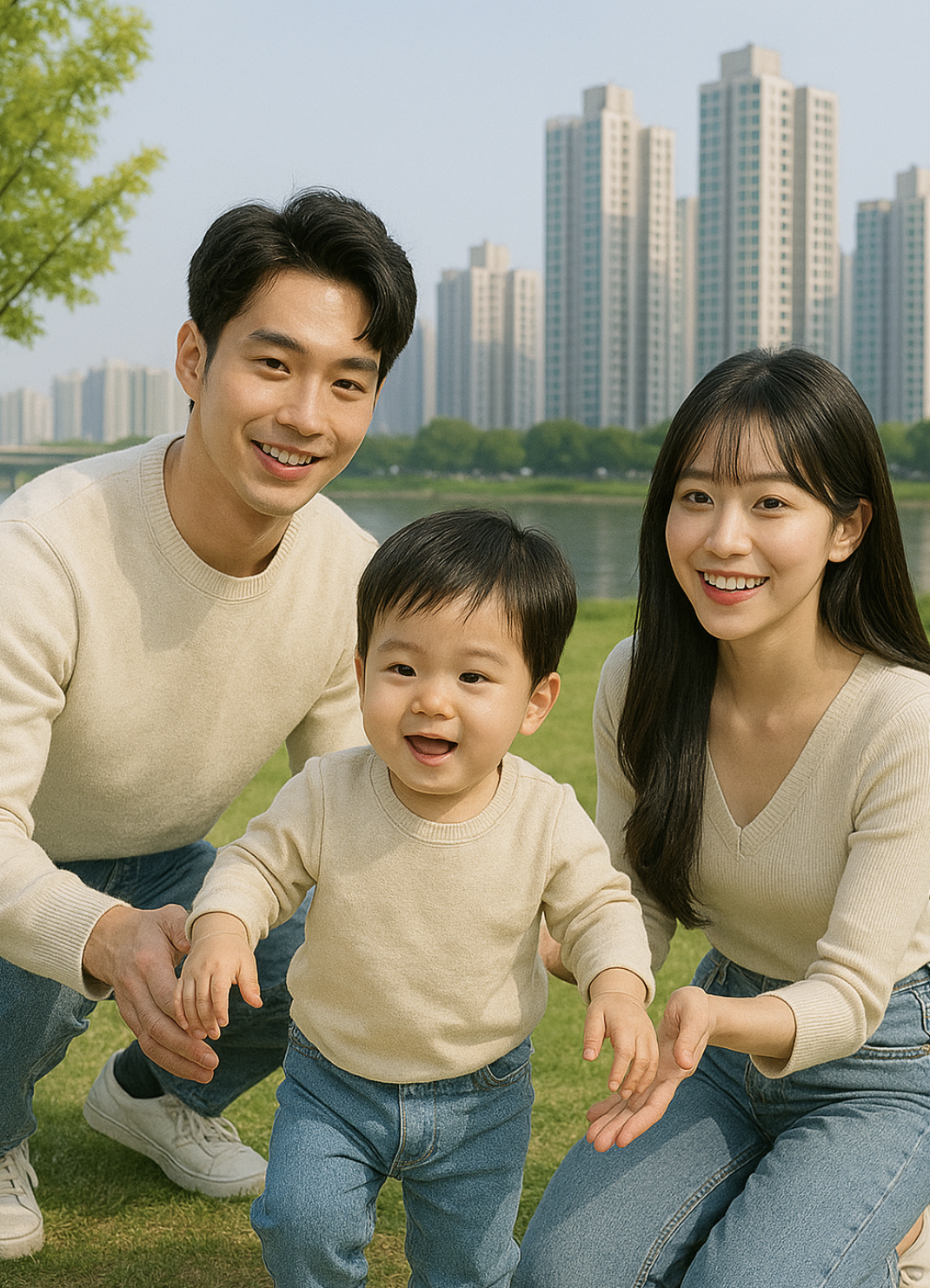 아이와 공원에서 즐거운 시간을 보내는 부부